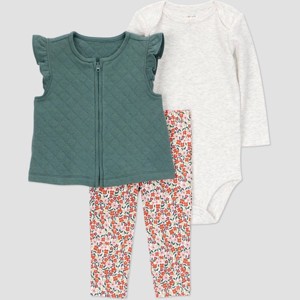 Carter's Just One You® Baby Girls' 3pc Vest with Floral Leggings Set - Green - 1 of 4