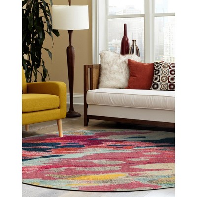 Vibrant Abstract Round Synthetic Rug in Pink & Blue, 6ft