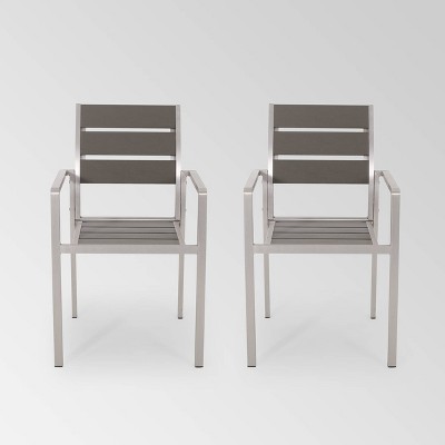 Cape Coral 2pk Aluminum Dining Chair with Faux Wood Seat - Silver/Gray - Christopher Knight Home