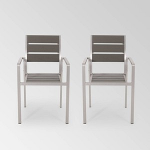 Cape Coral 2pk Aluminum Dining Chair with Faux Wood Seat - Silver/Gray - Christopher Knight Home: Weather-Resistant, Fixed Arms, 250lb Capacity - 1 of 4