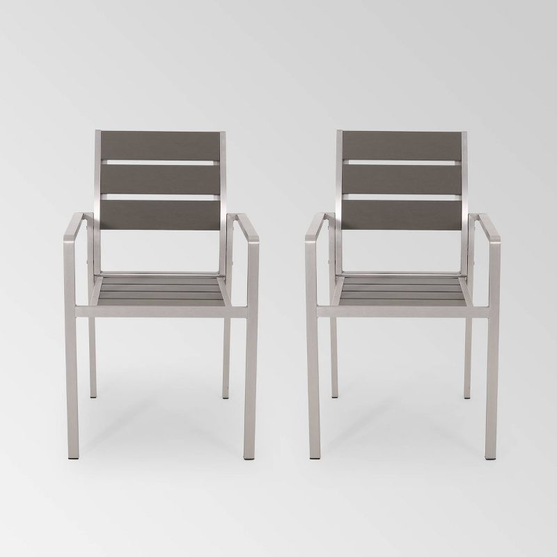 Cape Coral 2pk Aluminum Dining Chair with Faux Wood Seat - Silver/Gray - Christopher Knight Home, 1 of 7