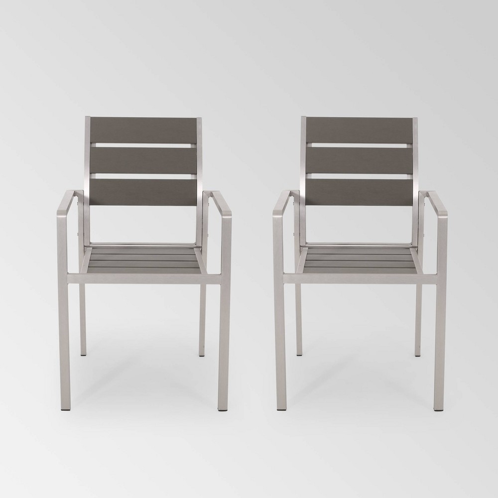 Photos - Garden Furniture Cape Coral 2pk Aluminum Dining Chair with Faux Wood Seat - Silver/Gray - C