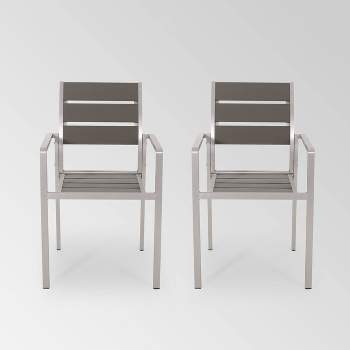 Cape Coral 2pk Aluminum Dining Chair with Faux Wood Seat - Silver/Gray - Christopher Knight Home