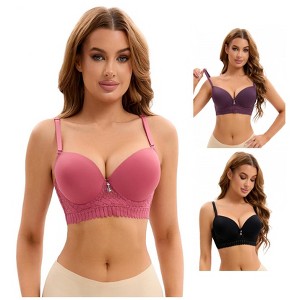 INSPIRE CHIC 3 Pcs Women's Lace Trim Underwire Adjustable Straps Plus Cup Size Push Up Bras - 1 of 4