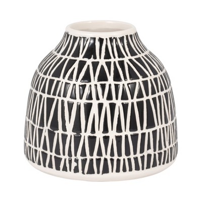 Sagebrook Home 5" Decorative Geometric Ceramic Vase - Contemporary Black and White Flower Vase for Home, Office Decorative Accent - Easy Gift Idea