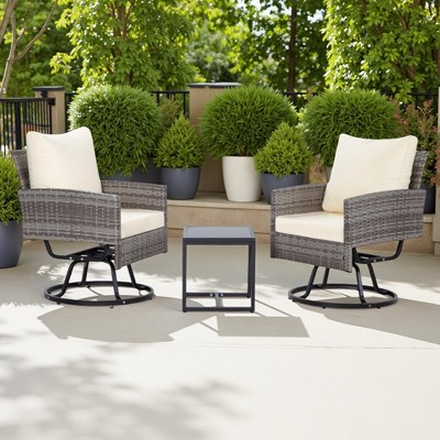 3-Piece Outdoor Patio Rattan Conversation Swivel Chairs Set with 2 Swivel Chair and Coffee Table