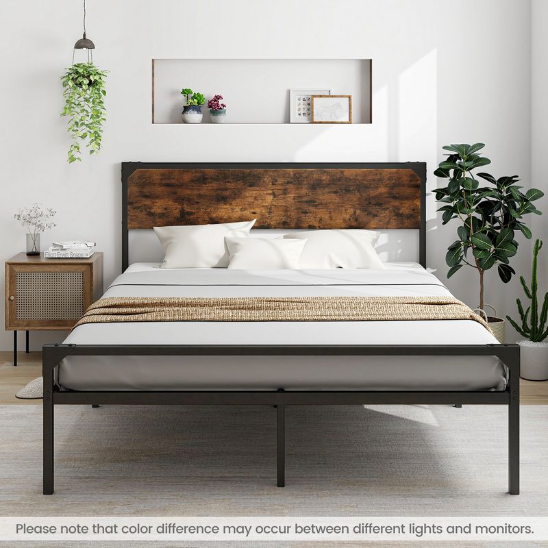 Costway Platform Full/Queen Bed with Rustic Headboard & Footboard Strong Metal Slat Support, 4 of 11