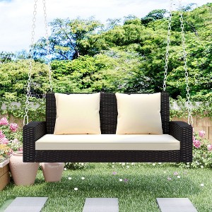Whisen 2-Person Wicker Hanging Porch Swing Rattan Swing Bench with Chains, Cushion and Pillow - 1 of 4
