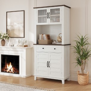 72" Farmhouse Coffee Bar Cabinet w/2 Glass Doors & Drawers - Kitchen Storage for Dining Room - 1 of 4
