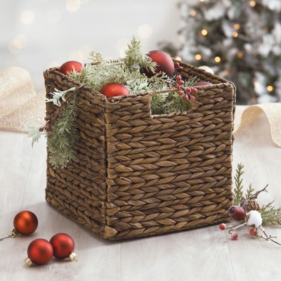 Brown Wash Seagrass Woven Cube Storage Baskets with Handles, Set of 6