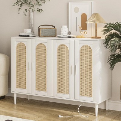 Rattan Sideboard Buffet Cabinet, 4 Doors Accent Storage Cabinet with Power Outlet