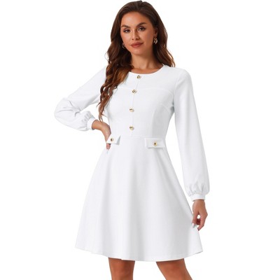 Allegra K Women's Round Neck Work Office Button Decor Long Sleeve A Line Dress