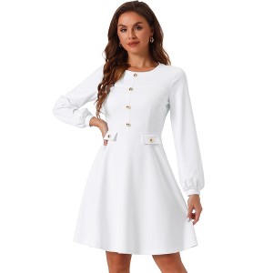 Allegra K Women's Round Neck Work Office Button Decor Long Sleeve A Line Dress - 1 of 4