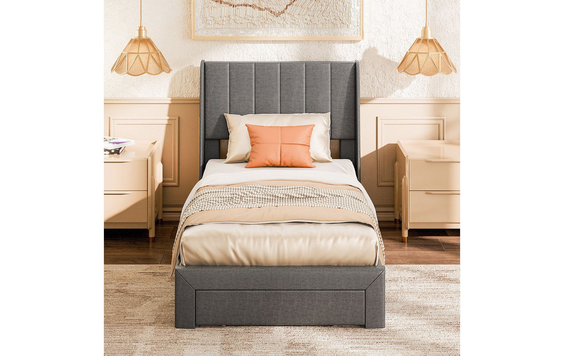 JIONJOY Linen Upholstered Platform Bed Frame with 2 Storage Drawers, Channel Tufted Headboard for Bedroom Small Space No Box Spring Needed