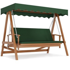 Wooden patio swing with adjustable canopy; 3-seater bench with removable cushion, ideal for backyard, garden, balcony, or poolside relaxation. - 1 of 4