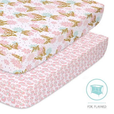 The Peanutshell Fitted Playard Sheets - Gold Butterfly and Pink Ditsy Floral - 2pk