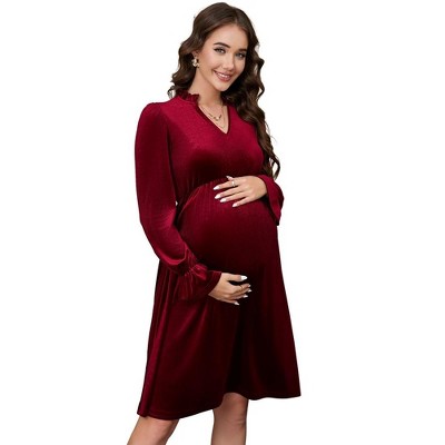 Maternity V Neck Velvet Dress Women's Ruffle Long Sleeve Cocktail Midi Dresses Photoshoot Baby Shower Fall Dress