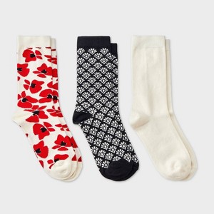 Women's Modern Floral & Geometric Print 3pk Crew Socks - A New Day™ Red/Ivory/Black 4-10 - 1 of 3
