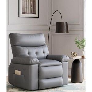 27" Rocker Recliner Chair, 1.5X Sponge Filling, 360 Degree Swivel, PU Leather, Side Pockets and Cup Holders, Reclining 135 Degrees, Grey - 1 of 4