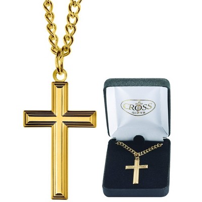 Large, Boxed Cross with Dark-Tone Center Gold-Plated 24-Inch Pendant Necklace