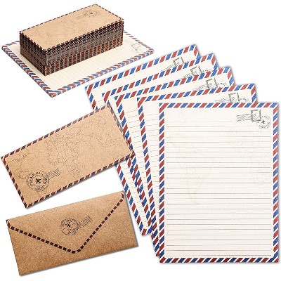 Pipilo Press 48-Pack Vintage Stationery Paper & Envelopes Letter Set, Lined Classic Airmail Travel Theme, 6.9 x 9.25"