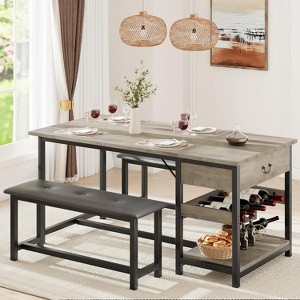 Industrial Dining Table Set with Storage Drawer & Wine Rack - Faux Wood Top, Leather Bench, Compact Design for Small Spaces - 1 of 4