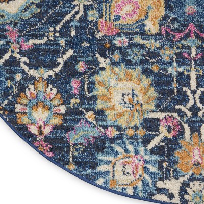 Bohemian Navy Floral Round Synthetic Area Rug - 5'3"