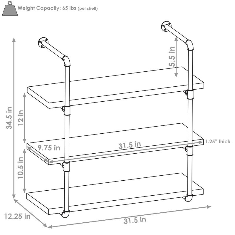 Sunnydaze 3 Shelf Industrial Style Pipe Frame Wall-Mounted Floating Shelf with Wood Veneer Shelves, 3 of 8