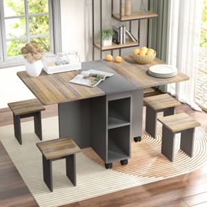 Rustic Folding Dining Table Set for Small Spaces, 5-Piece Drop Leaf Kitchen Table with Wood Finish, Storage Shelves and Wheels-The Pop Home - 1 of 4
