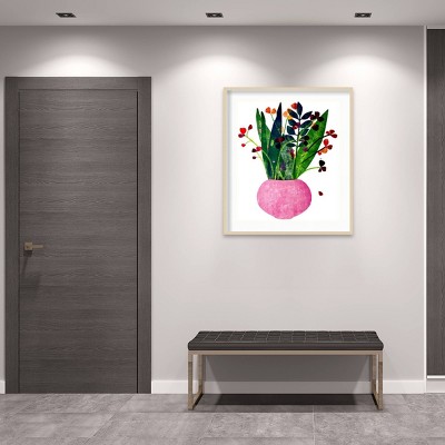 Large Pink Pot with Botanical Print in Wooden Frame