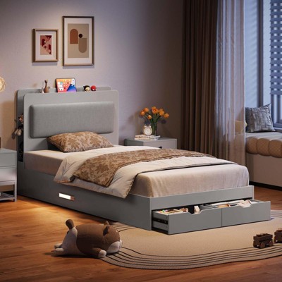 GustoWave Twin Bed Frame, with 2-Tier Storage Headboard and 2 Drawers