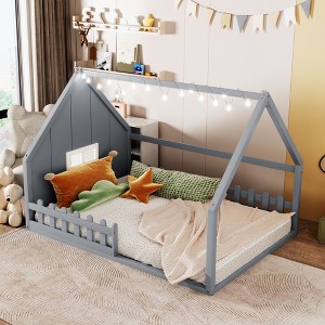 Full Size Wood House Bed with Window and Fence - 1 of 4