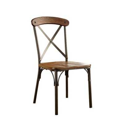 Set of 2 Wood and Metal Side Chairs with X Shape Back Brown/Bronze - Benzara