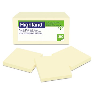 Highland Recycled Self Stick Notes 3 x 3 Yellow 100 Sheets/Pad 12 Pads/Pack 6549RP