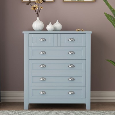 Buffet Sideboard With Retro Shell Handle, Solid Wood Frame Buffet Service Counter, Blue+gray, 4+2 Drawers