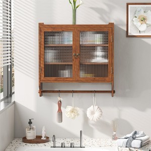 24.8"Glass Door Vintage Double Door Wall Cabinet with Three Tiers of Storage with Towel Rack, for Bathroom, Kitchen,Dining Room,Brown - 1 of 4