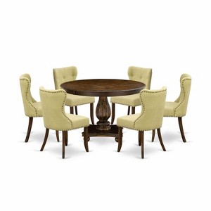 HomeStock 7-Piece Round Distressed Jacobean Finish Solid Wood Top Dining Table with 6 Parson Chairs - 1 of 4
