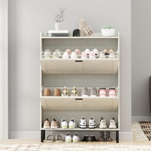 TIRAMISUBEST Compact Shoe Cabinet with Removable Hooks, 2 Flip Drawers, Narrow Shoe Rack for Entryway, Hallway ¨CGray - 1 of 4