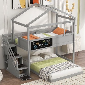 Kumasinova Twin-Over-Full House Bunk Bed with Storage Staircase & Blackboard – Pine Wood Bed Frame, Pitched Roof + Window, Fence-Shaped Guardrails - 1 of 4