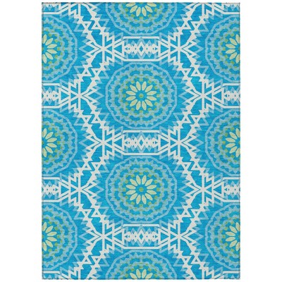 Ivory And Sky Blue Floral Medallion Washable Indoor Outdoor Area Rug