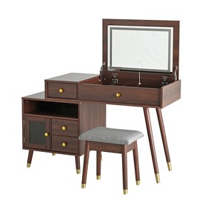 Gulches 3-in-1 Vanity Desk - Lighted Flip-Top Mirror, Adjustable Cabinet, Stool, Drawers, Slide-Out Nightstand for Bedroom,Walnut - 1 of 4