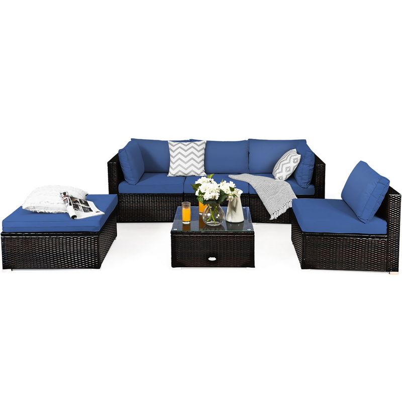 Costway 6PCS Outdoor Patio Rattan Furniture Set Cushioned Sectional Sofa Navy\Black\Turquoise, 4 of 11