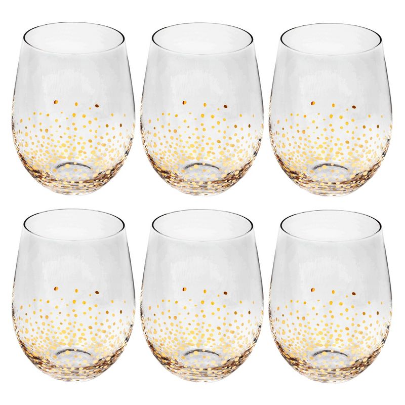 American Atelier Luster Stemless Goblet Set of 6 Made of Glass, Gold and Silver Confetti Design, Smooth Rim Wine Glasses, 16 oz., 1 of 7