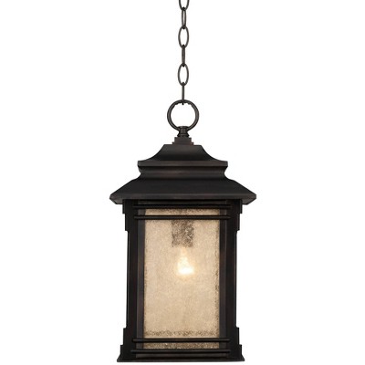 Franklin Iron Works Rustic Outdoor Ceiling Light Hanging Lantern Walnut Bronze 19 1/4" Frosted Glass Damp Rated for Porch Patio