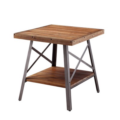 Set of 2 Industrial Metal and Wood End Tables with Bottom Shelf Black/Brown - Benzara