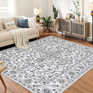 Modern Washable Area Rug for Living Room, Floral Print Floor Rug with Non Slip Backing, Low Pile Stain Resistant Indoor Carpet for Dorm - 1 of 4