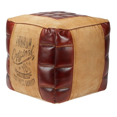 Rustic Square Canvas and Faux Leather Pouf in Brown