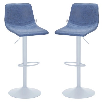 LeisureMod Tilbury Bar Stools with White Iron Base – Adjustable Height Counter Stools with Leather Seat, Swivel Function & Footrest Set of 2