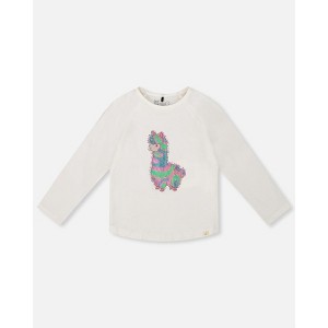 Deux par Deux Girl Organic Cotton T-Shirt Off White with Llama - 1 of 4