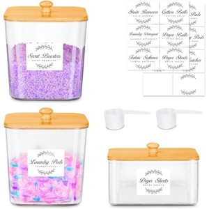 3-Pack Clear Laundry Pods Container & Dryer Sheet Holder Set with Bamboo Lids and Labels for Scent Booster, Powder, Pod Organization - 1 of 4